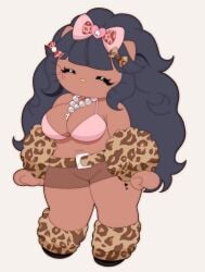 kookilooheavon sanrio hello_kitty_(series) hello_kitty_(character) dark_skin dark-skinned_female sfw cute adorable 2d 2026 twitter_link solo solo_female female female_only 1girls feline anthro cat_ears hair long_hair black_hair bra breasts cleavage plain_background white_background pink_bra shorts cheetah_print clothing clothed necklace catgirl big_breasts