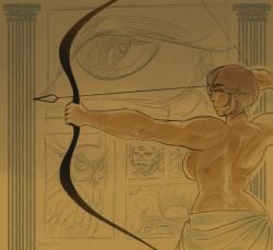 arrow arrow_(weapon) artistic_nudity ass_cleavage ass_peek background background_pattern bare_back bare_shoulders bitepilled boobs bow bow_(weapon) bow_and_arrow color dark-skinned_female dark_skin earrings golden_earrings limbus_company muscular muscular_arms muscular_back muscular_female olive_skin outis_(limbus_company) project_moon robe_only scar scar_on_arm scar_on_back scar_on_breast scar_on_breasts scar_on_hand scar_on_shoulder scars scars_on_back scars_on_body short_hair short_hair_female sideboob stitched_arm stitches tasteful_nudity topless