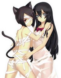 2girls animal_ears ar_tonelico ar_tonelico_iii ass bandage bandage_over_one_eye bangs bare_shoulders black_bra black_hair black_panties bra cat_ears cat_tail clothing dress filament green_eyes hair_between_eyes hair_ornament hairclip hand_on_another's_shoulder highres jpeg_artifacts long_black_hair long_hair multiple_girls nagi_ryou naked_bandage panties parted_bangs red_eyes scan see-through see-through_clothing sheer short_black_hair short_hair simple_background small_breasts soma tail underwear wet wet_clothes wet_dress white_background white_dress