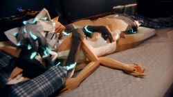 16:9 3d_(artwork) anthro balljob balls bed_sheet bedding bedroom black_claws black_hair blue_claws blue_hair_tips blue_markings bodily_fluids cali_(nastycalamari) canid canine chromatic_aberration claws dark_markings digital_media_(artwork) domestic_cat dripping duo eyes_closed facial_markings facial_tuft felid feline felis femboy femboy/femboy fennec_fox fluffy fluffy_hair fluffy_hips fox fur genital_fluids genitals glowing glowing_claws glowing_hair_tips glowing_markings gradient_penis grey_body grey_fur grey_hair hair head_markings hi_res hip_tuft holding_penis hug hugging_another hugging_from_behind inner_ear_fluff low_poly male male/male mammal markings max_(pestbudmax) night penis pestbudmax precum precum_drip precum_on_hand precum_on_leg precum_on_penis sleeping stroking_penis tail tail_coil tan_body tan_fur tip_tease true_fox tuft warm_colors warm_lighting white_body white_fur widescreen yellow_body yellow_fur