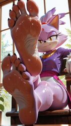 sonic_(series) sonic_the_hedgehog_(series) sega blaze_the_cat 1girl soles solo foot_fetish presenting_feet sweaty_feet indoors sharp_toenails looking_at_viewer ai_generated side_story