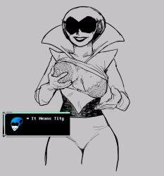 deltarune deltarune_chapter_2 drizzlingprince floral_print_bra humor lifting_shirt queen_(deltarune) reference showing_breasts touching_own_breast
