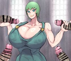 osyaburimaru green_hair short_hair foo_fighters jojo's_bizarre_adventure stone_ocean 1girls voluptuous voluptuous_female thick_ass thick_legs thick_hips breasts breasts_bigger_than_head huge_breasts nipples_visible_through_clothing licking_own_lips imminent_sex imminent_oral imminent_fellatio female female_focus absurd_res hi_res high_resolution 2d 2d_(artwork) tagme
