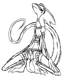 2_penises 3_toes 5_fingers animal_genitalia animal_penis anthro blush cayde_the_inteleon cloaca clothing crouching dripping embarrassed feet fin fingers generation_8_pokemon genitals head_fin hemipenes hi_res inteleon lizard long_tail looking_at_viewer maid_headdress maid_uniform male monochrome multi_genitalia multi_penis nal_wt nervous nintendo penis pokemon pokemon_(species) pupils reptile scalie simple_background slim slit_pupils solo tail toes uniform