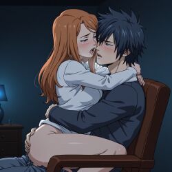 fairy_tail batman_(series) crossover ai_generated kiriosn4x gray_fullbuster barbara_gordon bat_girl couple 1boy 1girl clothed sex clothed_sex seated intimate
