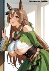 ai_generated erothus satono_diamond_(umamusume) umamusume umamusume_pretty_derby 1girl breasts solo horse_ears animal_ears one_eye_closed tongue_out brown_hair tongue long_hair horse_girl ear_ribbon nipples looking_at_viewer large_breasts clothing_cutout long_sleeves braid dress blush indoors green_dress skirt ear_ornament shoulder_cutout bangs bare_shoulders multicolored_hair frills leaning_forward ribbon ;p green_ribbon smile underboob green_skirt brooch wet brown_eyes horse_tail sweat hair_ribbon breasts_out ascot corset frilled_sleeves very_long_hair