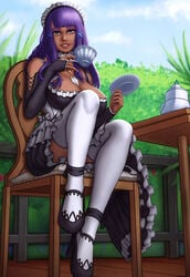 brown_eyes busty dark-skinned_female detached_sleeves garden hair_clips high_heels lowegule maid maid_headdress maid_uniform purple_hair stockings tea_cup