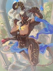 1girls dark_skin draltruist horns tagme tail tattoo white_eyes white_hair
