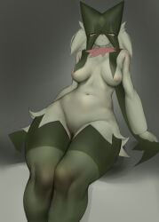 1girl absurdres animal_nose arm_support body_fur breasts cleft_of_venus closed_mouth flower_collar furry furry_female gradient_background green_fur green_hair green_mask grey_background highres leaning_back looking_at_viewer medium_breasts meowscarada navel nipples nude pink_eyes pokemon pokemon_(creature) pussy short_hair simple_background sitting solo thick_thighs thighs two-tone_fur uncensored zbzone
