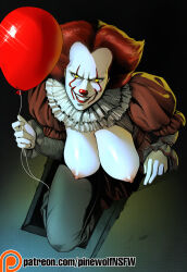 pinewolfnsfw ai_generated pennywise it_(stephen_king) 1girl solo breasts looking_at_viewer smile large_breasts holding crawling nipples yellow_eyes red_hair puffy_sleeves grin makeup colored_skin from_above breasts_out lipstick red_lips balloon facepaint neck_ruff holding_balloon clown menacing