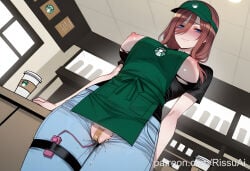 nakano_miku go-toubun_no_hanayome miku_nakano patreon patreon_username patreon_link absurdres aesthetic ai_generated anime anime_style blurred_background digital_art digital_painting high_quality highres line_art soft_shading 1girls 1girl 1female solo_focus big_breasts huge_breasts large_breasts big_ass large_ass bubble_butt bubble_ass thick curvy curvy_figure curvy_female curvy_body curvy_hips curvy_thighs sexy sexy_pose sexy_body sexy_female beautiful beautiful_girl beautiful_female cute cute_face 2026 blush blushing blush_lines blushing_female rissuai horny horny_female horny_face horny_expression excited excited_female excited_for_sex excited_expression solo long_hair breasts looking_at_viewer smile blue_eyes shirt brown_hair hat hair_between_eyes closed_mouth standing nipples underwear short_sleeves cowboy_shot pants indoors apron uniform cup black_shirt see-through torn_clothes thigh_strap dutch_angle pussy_juice from_below denim breasts_out bandaid sex_toy meme jeans green_headwear blue_pants vibrator disposable_cup torn_pants remote_control_vibrator vibrator_under_clothes coffee_cup bandaid_on_pussy green_apron torn_jeans