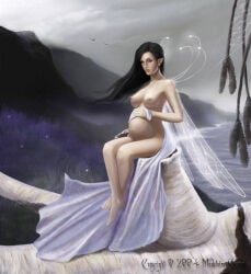 1girls 2004 barefoot belly big_belly black_hair breasts fairy female hand_on_belly humanoid long_hair mahtaliel nipples nude outdoor_nudity outdoors pregnant solo wings