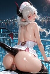 zani_(wuthering_waves) wuthering_waves ai_generated kermixx 1girl long_hair breasts looking_at_viewer blush open_mouth bangs large_breasts red_eyes thighhighs 1boy hat bare_shoulders tail ass white_hair hetero sweat outdoors parted_lips horns sky penis solo_focus pointy_ears shiny looking_back sex from_behind mole shiny_skin torn_clothes uncensored night back demon_girl sex_from_behind demon_horns demon_tail anal city nurse_cap railing cityscape reverse_cowgirl_position city_lights