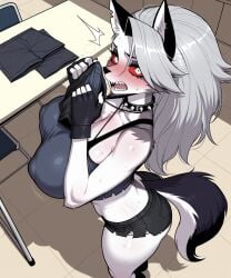 11_22 ai_generated big_breasts blush collar covered_nipples embarrassed female female_only fingerless_gloves furry furry_female grey_hair heavy_breathing helluva_boss huge_breasts large_breasts looking_at_viewer loona_(helluva_boss) motion_lines off-shoulder_shirt open_mouth red_sclera sharp_teeth short_shorts shorts smelling smelling_clothes sniffing sniffing_clothes spiked_collar surprised sweat thick_thighs white_eyes wide_eyed wide_hips wolf_girl