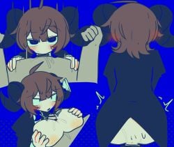 1boy 1girls antani_ittenno-chan antani_ittenno_(utau) back_view big_breasts blowjob blush brown_hair color female female_focus from_behind from_behind_position handlebars hetero horns_grab light-skinned_female light_skin male male_pov mv_character oral paizuri pixiv_link pov straight twitter_link utau voifoooork