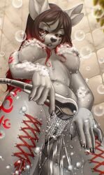 2026 4_ears 5_fingers absurd_res anthro areola bathing biped black_sclera breasts brown_hair claws clenched_teeth digital_drawing_(artwork) digital_media_(artwork) facial_piercing female finger_claws fingers front_view fur genitals grey_body grey_fur grey_tail hair hi_res holding_object holding_shower_head inside lip_piercing looking_down low-angle_view mammal multi_ear navel navel_piercing nipple_piercing nipples nude nude_anthro nude_female piercing pizhma red_eyes shower shower_head shower_hose showering solo standing tail teeth vulva water wet wet_arms wet_body wet_breasts wet_fur wet_legs