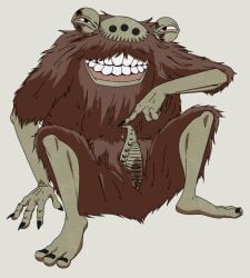3_toes 4_fingers absurd_res bared_teeth bent_legs bob-jiggles bodily_fluids brown_background brown_body brown_fur clenched_teeth cum demon erection eyestalks feet fingers fur genital_fluids genitals gums_(mouth) half-closed_eyes hand_on_ground hi_res humanoid jujutsu_kaisen leaking leaking_cum leaking_precum looking_at_viewer male narrowed_eyes nubbed_penis penis precum roppongi_curse shueisha_inc. simple_background sitting smile smiling_at_viewer solo spirit spread_legs spreading teeth toes
