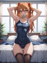 1girls ai_generated armpits arms_up asuka_langley_sohryu bed bedroom condom condom_in_mouth school_swimsuit smile standing stockings