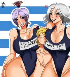 2girls between_breasts breast_smother christie_(doa) cleavage clenched_teeth crossover curvy dead_or_alive earrings female grey_hair grin highres huge_breasts human isabella_valentine jassycoco lipstick male nipples purple_hair short_hair smile soul_calibur straight swimsuit tecmo