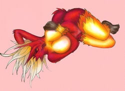 ass avian blaziken blonde_hair claws female fur hair hand_behind_head holding_breasts lying narane nintendo on_side pink_background plain_background pokemon pokemon_(species) red_eyes red_fur solo video_games warm_colors white_hair yellow_fur yellow_sclera