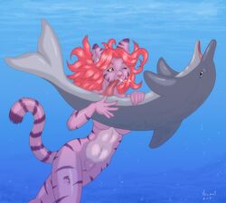 anthro anthro_on_feral anus aramet blue_eyes cetacean dolphin feline female feral hair interspecies male mammal marine one_eye_closed penis pink_hair pussy red_eyes tapering_penis tattoo underwater water wide_hips zoophilia