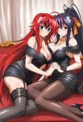 2girls ai_generated akeno_himejima antenna_hair big_ass_(female) big_breasts black_dress black_hair_female blue_green_eyes blush breast_press breast_to_breast couch crimson_hair_female crossed_bangs curvy_females dress females_only flowers_in_hair gold_necklace golden_necklace hair_ribbon heels high_ponytail high_school_dxd holding_hands huge_ahoge indoors lesbian_couple lesbians light-skinned_female loose_hair muaver_ai necklace orange_ribbon red_nail_polish red_nails rias_gremory smile thick_thighs thighhighs very_long_hair_female very_long_ponytail violet_eyes voluptuous_female white_flowers wide_hipped_female yuri