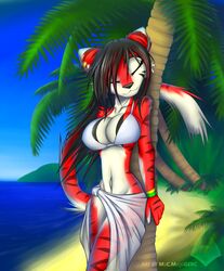 anthro beach big_breasts bikini bracelet breasts cherry_(macmegagerc) closed_eyes clothed clothing feline female fur furry jewelry macmegagerc mammal navel red_fur sarong seaside see-through sheer skimpy solo tiger