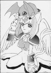 anthro armor breasts claws cute digimon digimon_(species) digimon_adventure digimon_adventure_02 egyptian egyptian_mythology eye_contact feline female fur furry gloves greyscale kneeling monochrome navel nefertimon nipples patamon smile solo sphinx unknown_artist wings