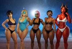 3d alice_(dispatch) ass big_ass big_breasts black_bra black_hair black_panties blonde_blazer blonde_hair blue_one-piece_swimsuit bra breasts clothed clothed_female coupe cursedmadara dark-skinned_female dark_skin dispatch_(game) female female_only horns invisigal lineup malevola_gibb multiple_girls one-piece_swimsuit panties prism_(dispatch) purple_bra red-skinned_female red_skin swimsuit take_your_pick two-tone_hair underwear white_bra white_panties wide_hips