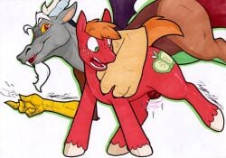 animal_genitalia animal_penis anthro balls big_macintosh_(mlp) chimera discord_(mlp) draconequus duo earth_pony equid equine feathered_wings feathers feral friendship_is_magic genitals genitals_shrinking hasbro hi_res horse male male/male mammal my_little_pony mythological_creature mythological_equine mythology open_mouth penis penis_shrinking pony red_eyes rotten_owl simple_background traditional_media_(artwork) white_background wings