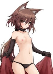 animal_ears blush brown_eyes brown_hair choker collar elbow_gloves female flat_chested gloves hair navel negija nipples original panties ponytail short_hair tied_hair topless underwear young