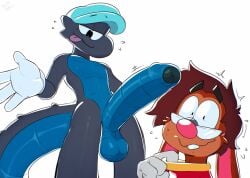 absurd_res anthro big_penis black_body black_scales blep brown_hair clothing duo erection foreskin genitals gloves hair half-moon_glasses handwear hat headgear headwear hi_res huge_cock humanoid_genitalia humanoid_penis hyper hyper_genitalia hyper_penis kobold lagomorph leporid long_ears male male/male mammal meatshaq penis presenting presenting_penis rabbit roderick_(tamerkoh) scales scalie shaq_(meatshaq) shirt_tug simple_background tail thick_tail tongue tongue_out toony uncircumcised ventral_scales white_background