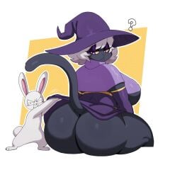 2023 ambiguous_gender anthro ass assisted_exposure big_butt black_body blush breasts clothed clothing digital_media_(artwork) domestic_cat duo exposed_butt eyelashes feet felid feline felis female female/ambiguous fingers fur hair hat headgear headwear hi_res huge_butt lagomorph larger_female leporid looking_back mammal nemo_(simplifypm) plantigrade pupils purple_clothing purple_robe question_mark rabbit robe semi-anthro short_hair simple_background sitting size_difference smaller_ambiguous smile sssonic2 tail thick_thighs white_body white_fur white_hair wide_hips witch_hat