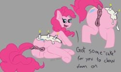 animal_genitalia animal_pussy anus ass candle english_text equid equine equine_genitalia equine_pussy feral friendship_is_magic frosting genitals happy hasbro hi_res horse looking_at_viewer male mammal my_little_pony pinkie_pie_(mlp) pony presenting pussy razzle_the_red rear_view smile solo tail text