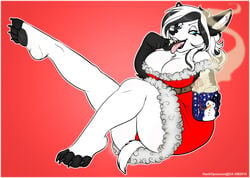 2010 anthro anubian_jackal big_breasts black_fur black_hair blue_eyes breasts candy_cane canine christmas cleavage clothed clothes dripdry female fur furry hair holidays holly_massey hot_chocolate jackal mammal milf mother mug parent plain_background red_background solo steam white_fur white_hair