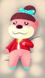 :3 animal_crossing anthro bottomless bow_tie clothed clothing female footwear freckles fur furry furry_only looking_at_viewer lottie_(animal_crossing) lying mammal mustelid nintendo otter partially_clothed pink_fur pussy sheepwithcrystallicfur smile solo topwear video_games