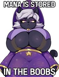 2025 :< anthro big_breasts black_body black_fur breasts clothed clothed_anthro clothed_female clothing domestic_cat english_text eyebrows eyelashes felid feline felis female female_anthro fur hair hi_res huge_breasts looking_at_viewer mammal nemo_(simplifypm) pb_doodles purple_eyes simple_background solo text under_boob white_background white_hair yellow_sclera