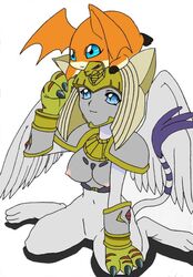 anthro armor blue_eyes breasts claws cute digimon digimon_(species) digimon_adventure digimon_adventure_02 egyptian egyptian_mythology eye_contact feline female fur furry gloves kneeling mammal navel nefertimon nipples orange_body patamon plain_background simple_background smile solo sphinx unknown_artist white_background white_belly wings