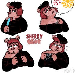 2022 absurd_res anthro bangs bear beret blarf022 blep bodily_fluids camera clothing fangs female food freckles hat headgear headwear heat_(temperature) hi_res mammal popsicle sherry_bear_(blarf022) simple_background solo sweat teeth tongue tongue_out white_background