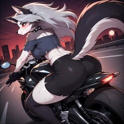 1girls ai_art ai_generated anthro back_view butt_focus canine city demon demon_girl female furry grey_hair hellhound helluva_boss looking_at_viewer looking_back loona_(helluva_boss) motorcycle rear_view red_sclera vehicle white_eyes yaamii
