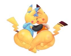 2014 ass balls big_ass blue_fur blue_hair blue_nose blush bottomless brown_fur brown_hair closed_eyes cosplay_pikachu fur hair high_resolution hindpaw hoodie kissing lambent male multiple_males nintendo paws pikachu plain_background pokemon short_hair thighs tongue tongue_out video_games white_background yaoi yellow_fur