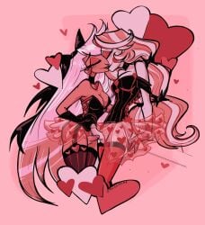 2025 2d 2futas balls ballsack bisexual bisexual_female canon_couple charlie_morningstar_(hazbin_hotel) color dress erect_penis erection futa_with_futa futanari hazbin_hotel heart_symbol intersex kissing lesbian_kiss penis pink_background twiggietime vaggie_(hazbin_hotel) vivienne_medrano watermark wholesome
