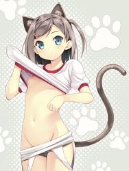 animal_ears beige_skin blue_eyes blush breasts cat_ears cat_tail clothes color female female_only front_view fujishiro_touma grey_hair hair hair_ornament hairclip halftone hentai_ouji_to_warawanai_neko. looking_at_viewer navel nipples open_eyes pawprint pubic_mound raised_tail shirt_lift short_hair side_ponytail small_breasts solo tsutsukakushi_tsukiko