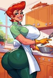 ai_generated apron back_view big_ass big_breasts civitai dexter's_laboratory dexter's_mom dumptruck_ass full_body fully_clothed fully_clothed_female indoors kitchen light-skinned_female looking_back massive_ass mature_female milf pawg red_hair rubber_gloves short_hair smile standing tagme thick_thighs totallynotafurry789 voluptuous wide_hips