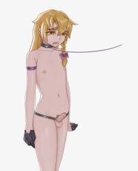 1boy absurdres balls black_gloves blonde_hair bow braid commentary_request cookie_(touhou) cowboy_shot erection foreskin genderswap_(ftm) gloves hairbow highres kirisame_marisa leash long_hair male male_focus nari-14 navel nipples open_mouth otoko_no_ko penis phimosis purple_bow rei_(cookie) rule_63 side_braid simple_background single_braid solo testicles touhou uncensored uncircumcised variant_set white_background yellow_eyes