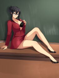 1girls aiko_yumi black_bra black_hair bra breasts business_suit business_woman chalkboard classroom classroom_desk cleavage commission commissioner_upload desk female female_only fgsketch glasses human human_only hunie_(series) huniepop in_classroom in_school inviting legs light-skinned_female light_skin looking_at_viewer mature mature_female mature_woman office_lady on_desk open_clothes open_shirt pulling_clothes pulling_shirt red_shirt red_skirt school seductive seductive_look seductive_pose seductive_smile shirt_open shirt_pull showing_bra showing_underwear sitting_on_desk skirt_suit smile smiling smiling_at_viewer solo solo_female teacher teasing underwear