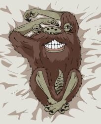 3_toes 4_fingers absurd_res arms_above_head bared_teeth bed_sheet bedding bent_legs bob-jiggles brown_background brown_body brown_fur clenched_teeth crossed_legs demon erection eyestalks feet fingers fur genitals gums_(mouth) half-closed_eyes hi_res humanoid jujutsu_kaisen looking_at_viewer looking_up looking_up_at_viewer lying male narrowed_eyes nubbed_penis on_back penis raised_arms roppongi_curse shueisha_inc. simple_background smile smiling_at_viewer solo spirit teeth toes