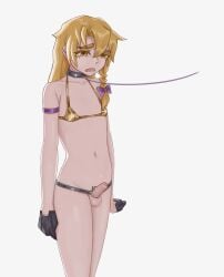 1boy absurdres bikini black_gloves blonde_hair bow braid commentary_request cookie_(touhou) cowboy_shot erection foreskin genderswap_(ftm) gloves gold_bikini hairbow highres kirisame_marisa leash long_hair male_focus nari-14 navel open_mouth otoko_no_ko penis phimosis purple_bow rei_(cookie) rule_63 side_braid simple_background single_braid solo swimsuit testicles touhou uncensored variant_set white_background yellow_eyes