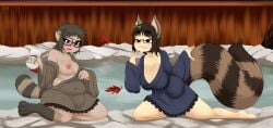 accessory alcohol animal_humanoid asian_clothing belly beverage blue_clothing blue_kimono blue_yukata brown_body brown_clothing brown_eyes brown_fur brown_hair brown_kimono brown_tail brown_yukata canid canid_humanoid canine canine_humanoid clothing curvy_figure drunk drunk_sex duo east_asian_clothing eyewear fence fur futanari futanuki glasses gourd_bottle hair hair_accessory hairpin herm hi_res hot_spring human humanoid intersex intersex/intersex japanese_clothing kimono kneeling mammal mammal_humanoid maple_leaf mentalcrash multicolored_body multicolored_fur multicolored_tail nipple_slip nipples onsen raccoon_dog rectangular_glasses sake sake_bottle short_hair slightly_chubby substance_intoxication tail tanuki tanuki_humanoid thick_tail touching_tail transformation transformation_sequence voluptuous water weight_gain wood wood_fence yukata