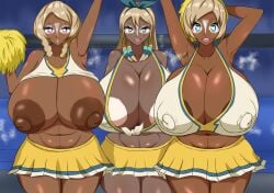 3girls areolae armpit_fetish armpits arms_up big_breasts big_thighs blue_eyes blush breasts breasts_bigger_than_head cheerleader cheerleader_outfit cheerleader_uniform cleavage dark-skinned_female dark_armpits dark_eyes dark_nipples dark_skinned_female erect_nipples erect_nipples_under_clothes female gyaru heart_eyes huge_breasts inazuma_eleven inazuma_eleven_(series) inazuma_eleven_go inazuma_eleven_go_chrono_stone inazuma_eleven_go_galaxy jade_greene large_breasts looking_at_viewer multiple_girls nipples open_mouth purple_eyes rosie_redd seto_midori skie_blue smell smelly_armpits smile sorano_aoi steam steamy_armpits stink_fumes stinky_armpits stomach thighs trips yamana_akane